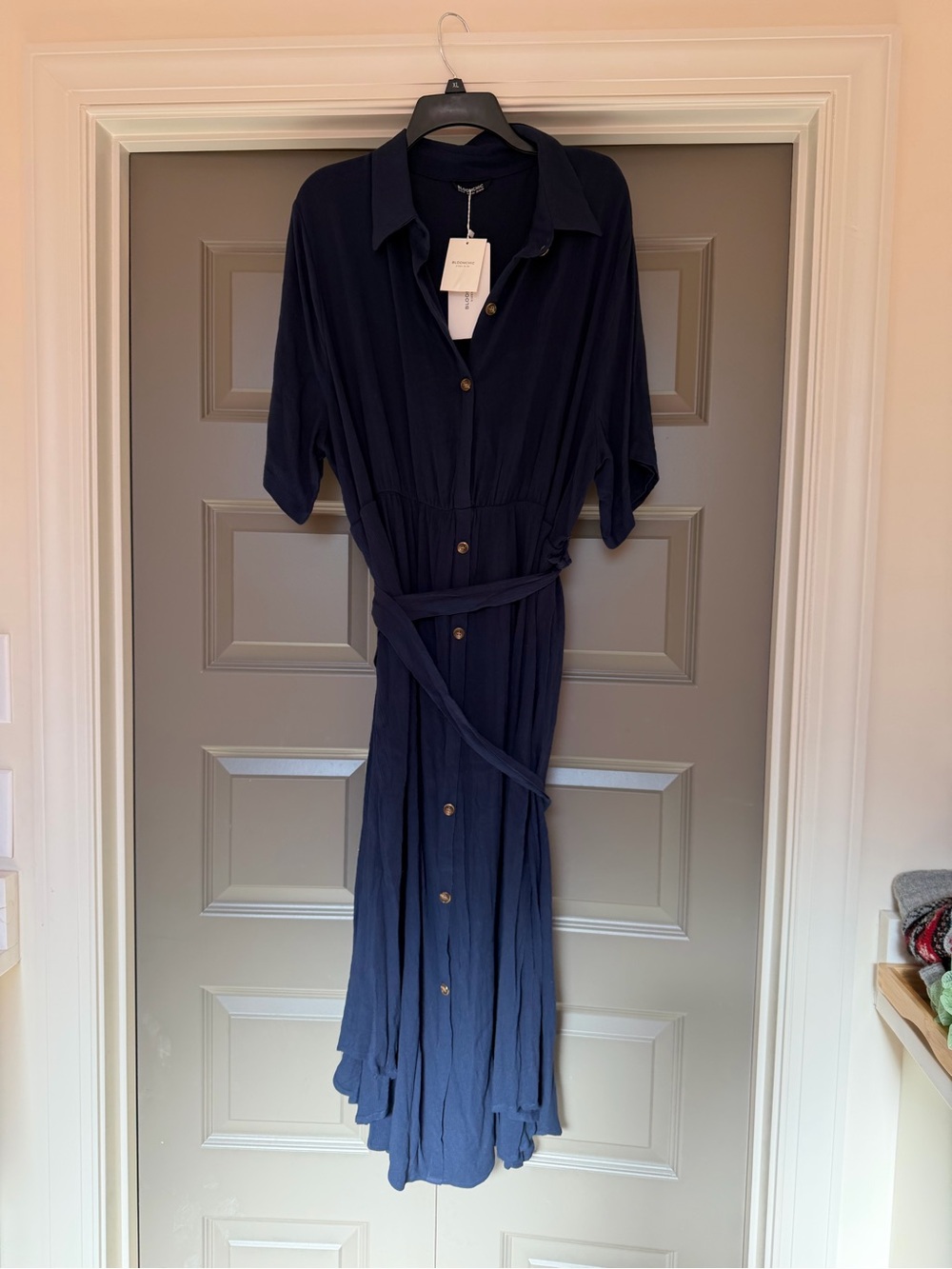 BloomChic Navy Button-Front Midi Shirt Dress